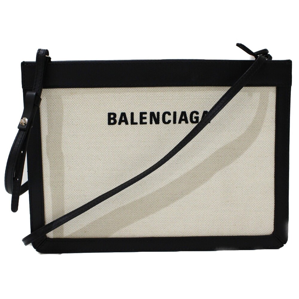 BALENCIAGA Navy Blue Pochette Logo Shoulder Bag Crossbody White Beige Tan White - Picture 1 of 7
